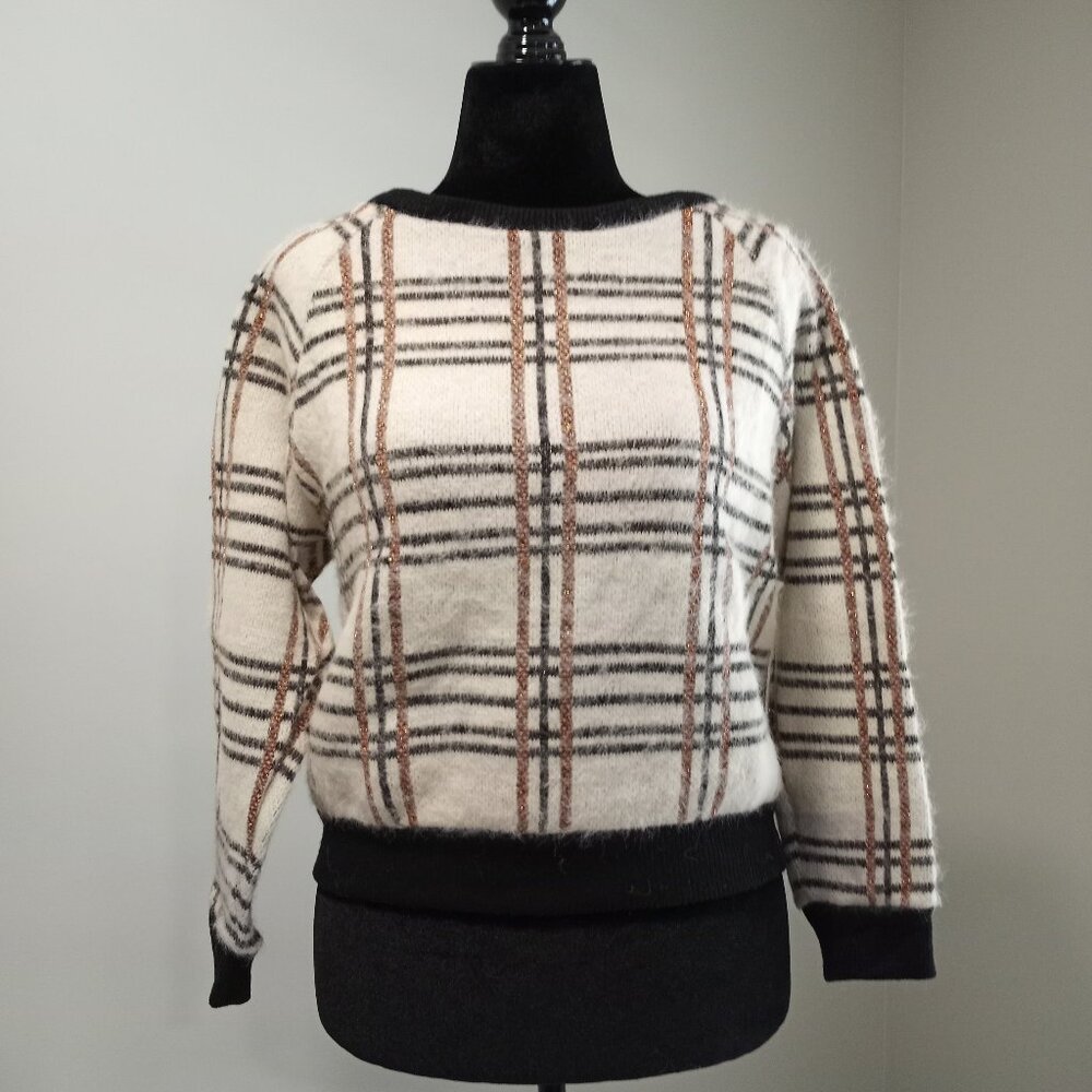 PEYTON JENSEN BEIGE GOLD METTALLIC CHECK PULLOVER WOMEN S